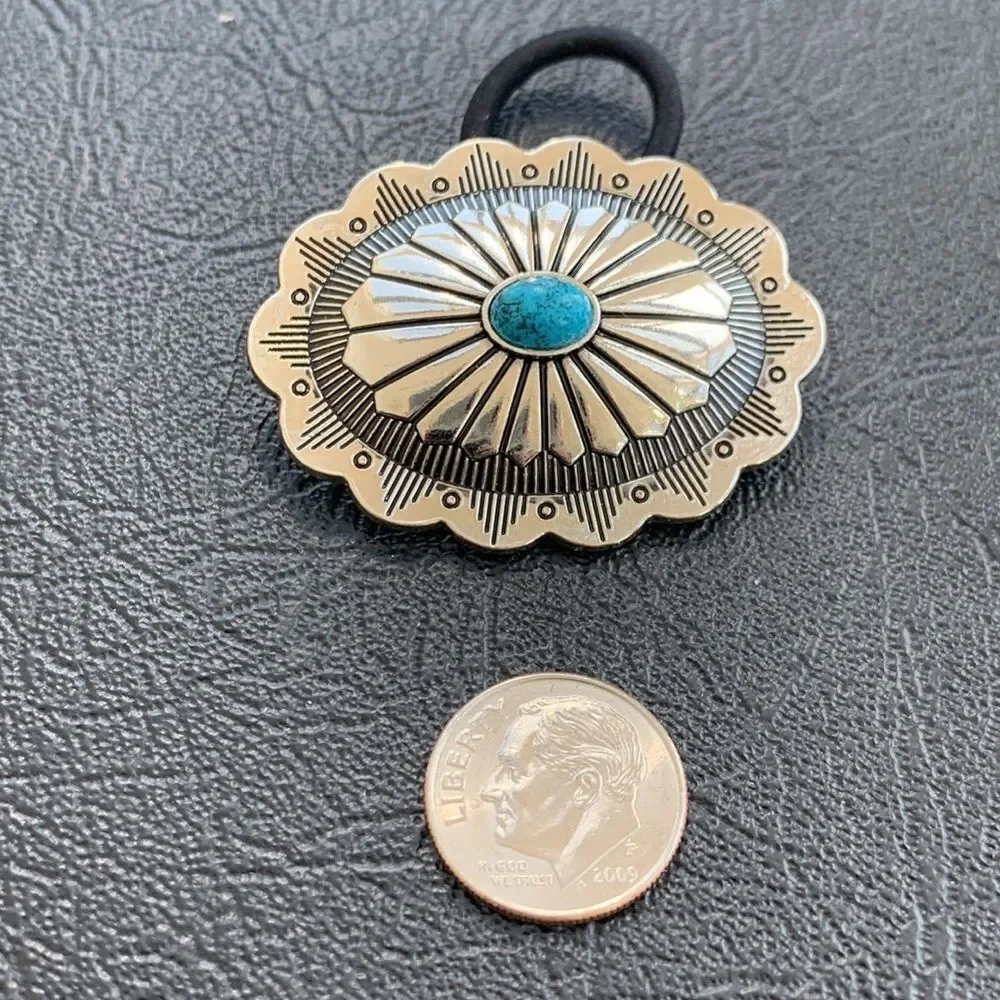 Western Cowgirl Concho Hair Tie, Silver Tone & Faux Turquoise